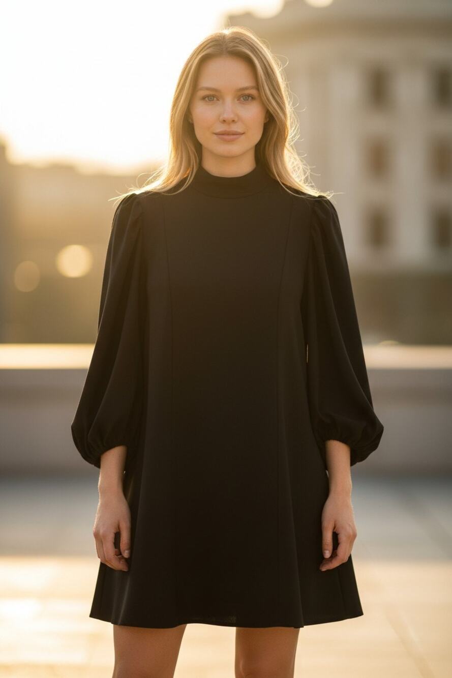 GANNI Heavy Crepe Puff Baloon Sleeve Mini Dress Black Size 14